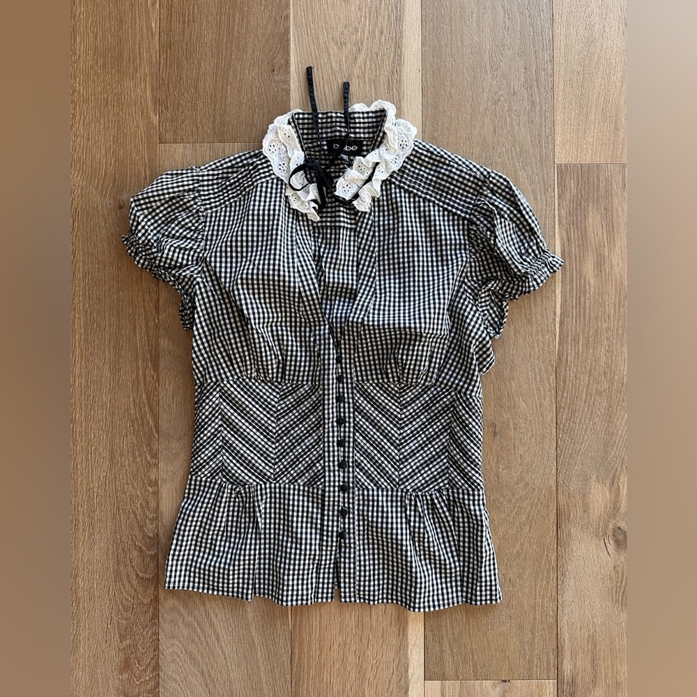 Bebe vintage western rodeo bustier illusion black white lace tie collar Blouse